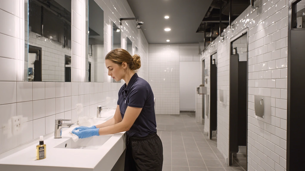Professional cleaner wearing gloves cleaning a sink in a modern gym changeroom with white tiles