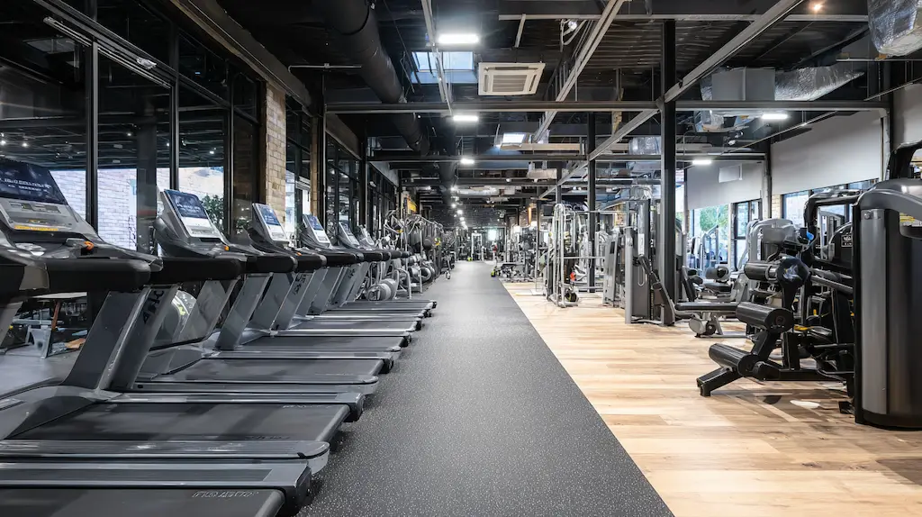 Spotless clean modern commercial gym interior with rows of treadmills and weight equipment, no members present