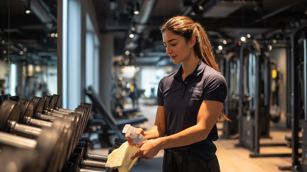 Professional cleaner wiping down a dumbbell rack with spray bottle in a clean modern gym